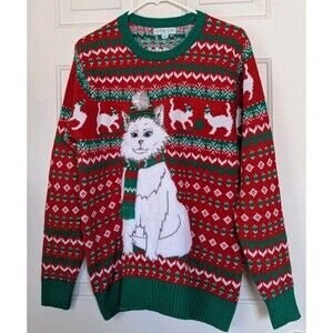 Holiday Hype CAT Ugly Christmas Sweater Mens Small Faux Fur Red Green Holiday